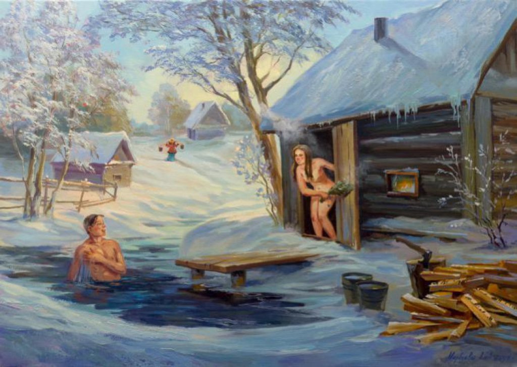 Русские после бани в снег